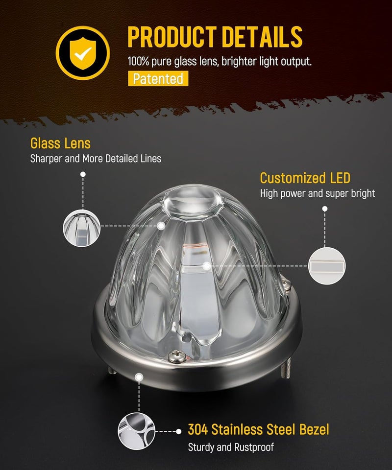 Partsam 2Pcs Glass Watermelon Lights [Patented] Clear Lens Blue LED Side Marker Clearance Lights with Bezel Replacement for Kenworth Peterbilt Freightliner Trucks - Image 3